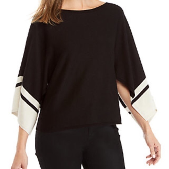 Eileen Fisher Bateau-Neck Contrasting Stripe Batwing Sleeve Sweater XS Black - Picture 2 of 8